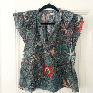 Ulla Johnson Short Sleeve Flutter Sleeve Blouse Green/Teal Size 0